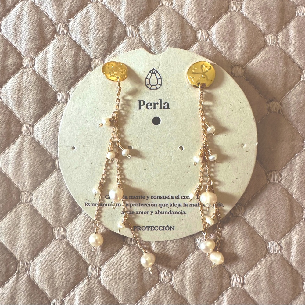 Perla pearl chain long drop and dangle dainty earrings by Mercedes Salazar 14k